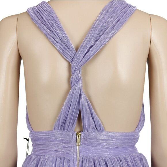 Dress Halter Bodice Fit & Flare Shimmer Glitter Pleated Ruched Waist Purple Sz S - Picture 6 of 11